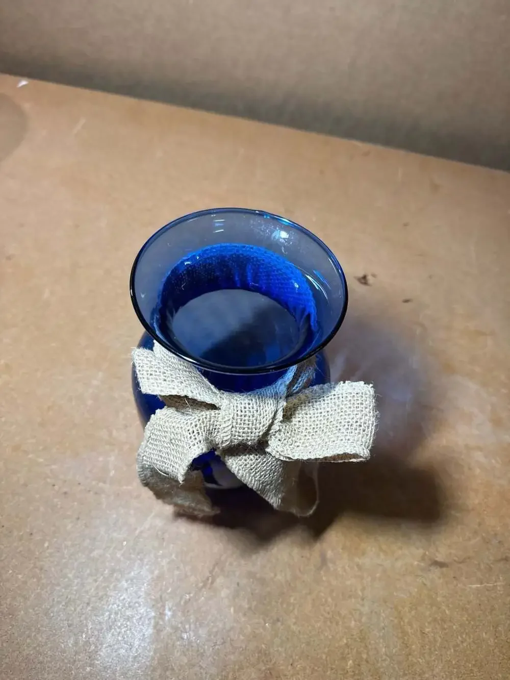 Cobalt Blue Glass Vase with Burlap Ribbon Accent